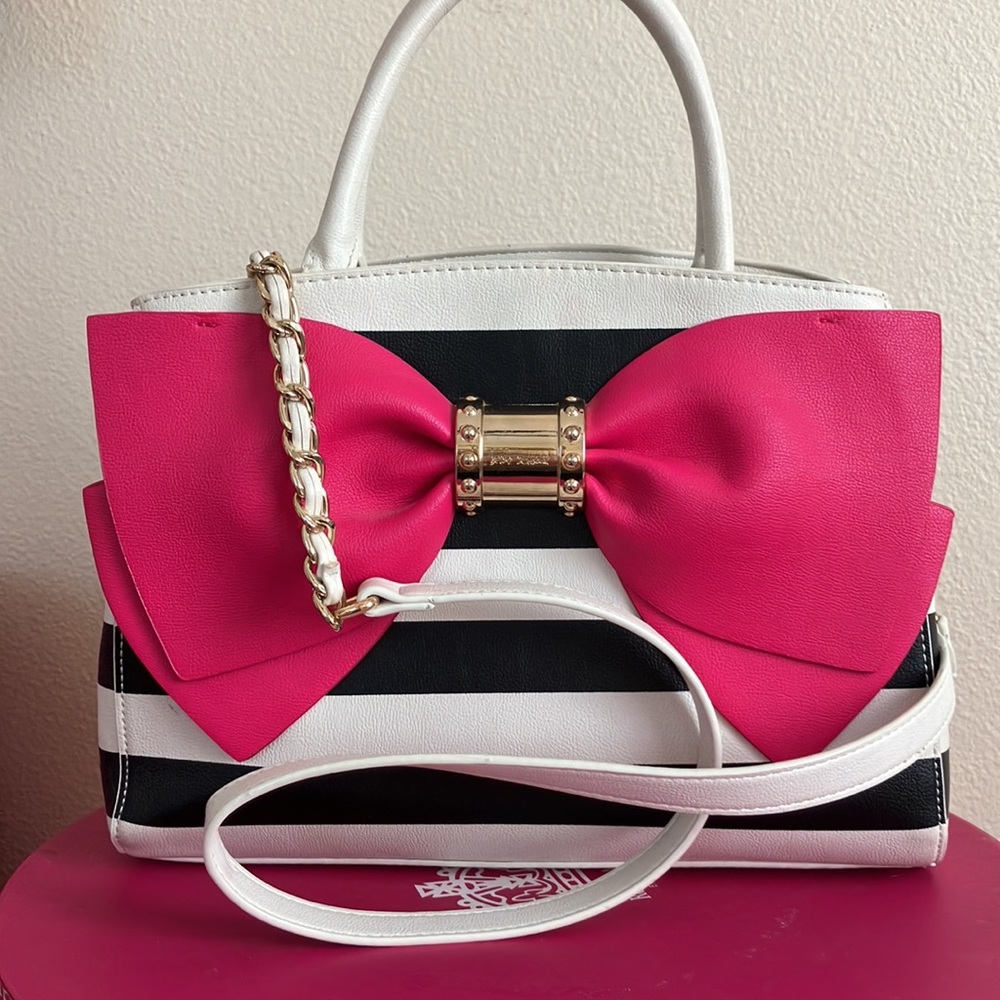 Betsey Johnson Pink Bow Striped Bag, Handles & Shoulder Strap Plus 1 Free